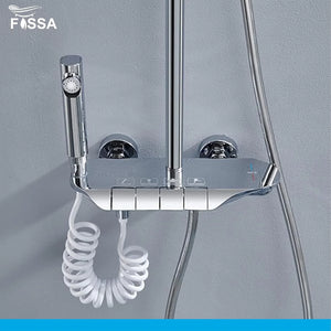 Shower System Thermostatic Shower Faucet Set Wall Mount Rain Shower Combo Set with Piano and Shower Tub Spout, Handheld Sprayer, 10 Inch Rain Shower Head, Bidet Spray, Chrome Finish - Fossa Home
