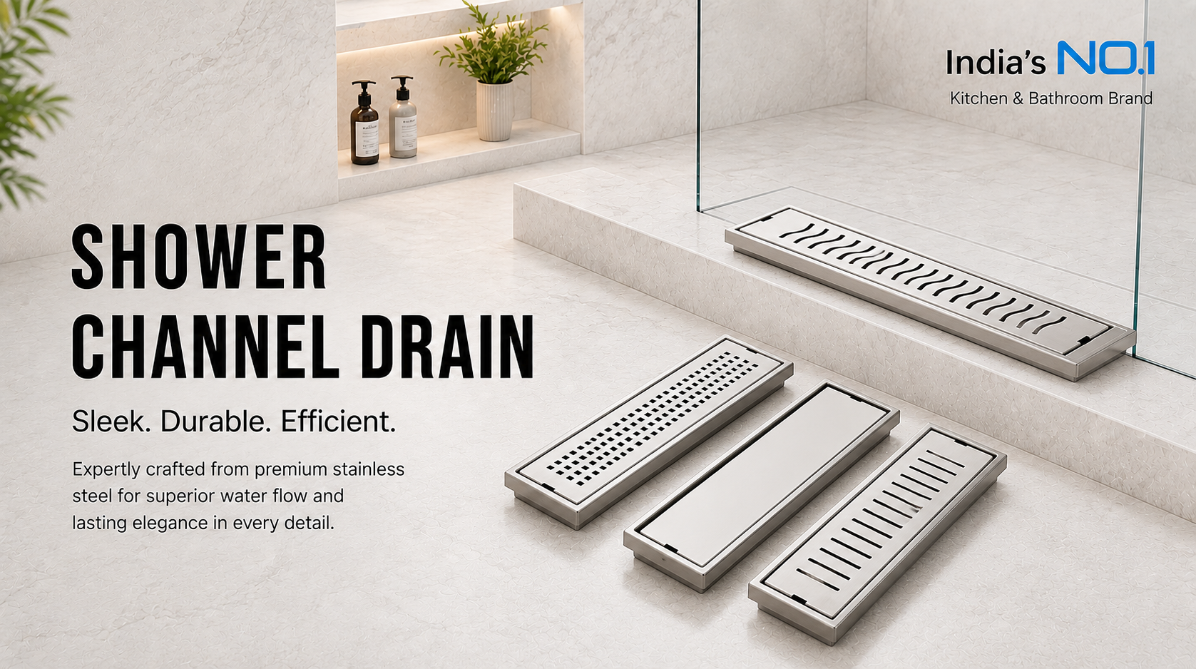Shower channel drain system on a bathroom floor with branding text.