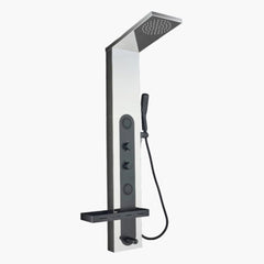 Fossa Shower Panel Tower – 4-Function Wall Mount System with Rainfall Overhead, Body Jets, Hand Shower, Tub Spout, LED Display & Shelf – 304 Stainless Steel – Opel Silver & Black (Chrome Finish)