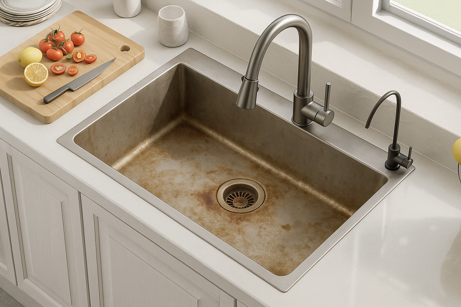 Stainless steel kitchen sink with visible rust on a countertop.