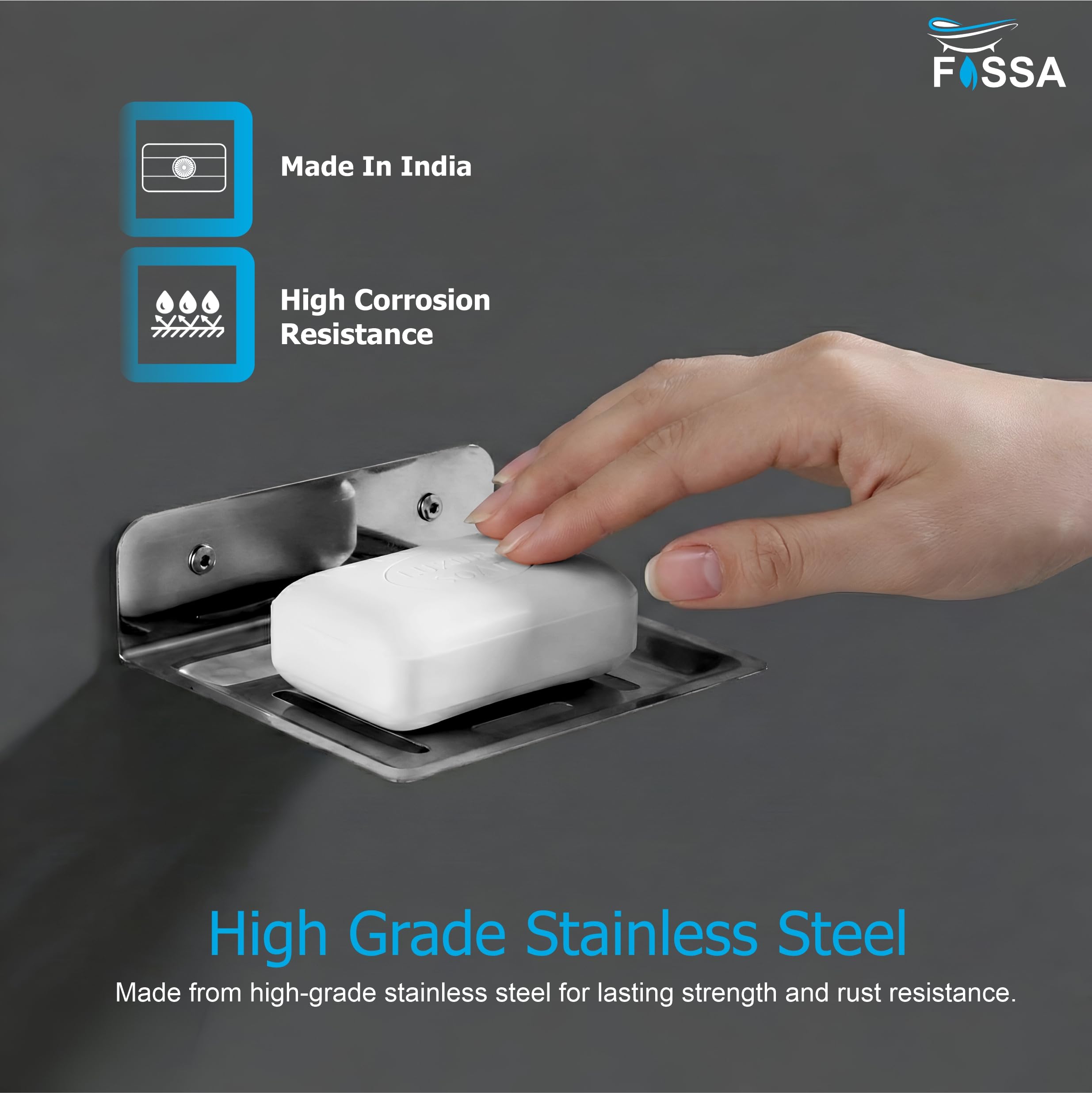 Soap dispenser with a bar of soap, hand pressing it, on a dark background 