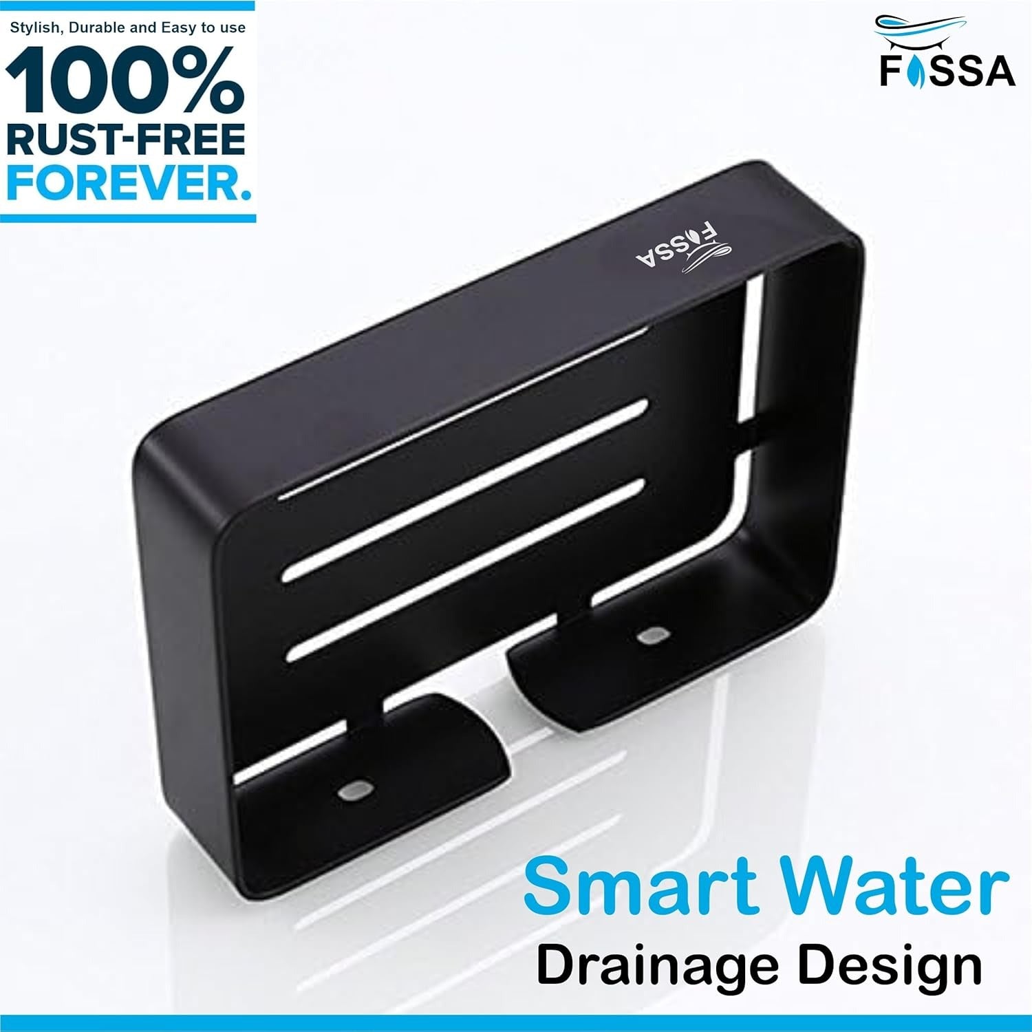 Black metal wall mount with fossa branding on a white background, featuring text about rust-free design and smart water drainage.