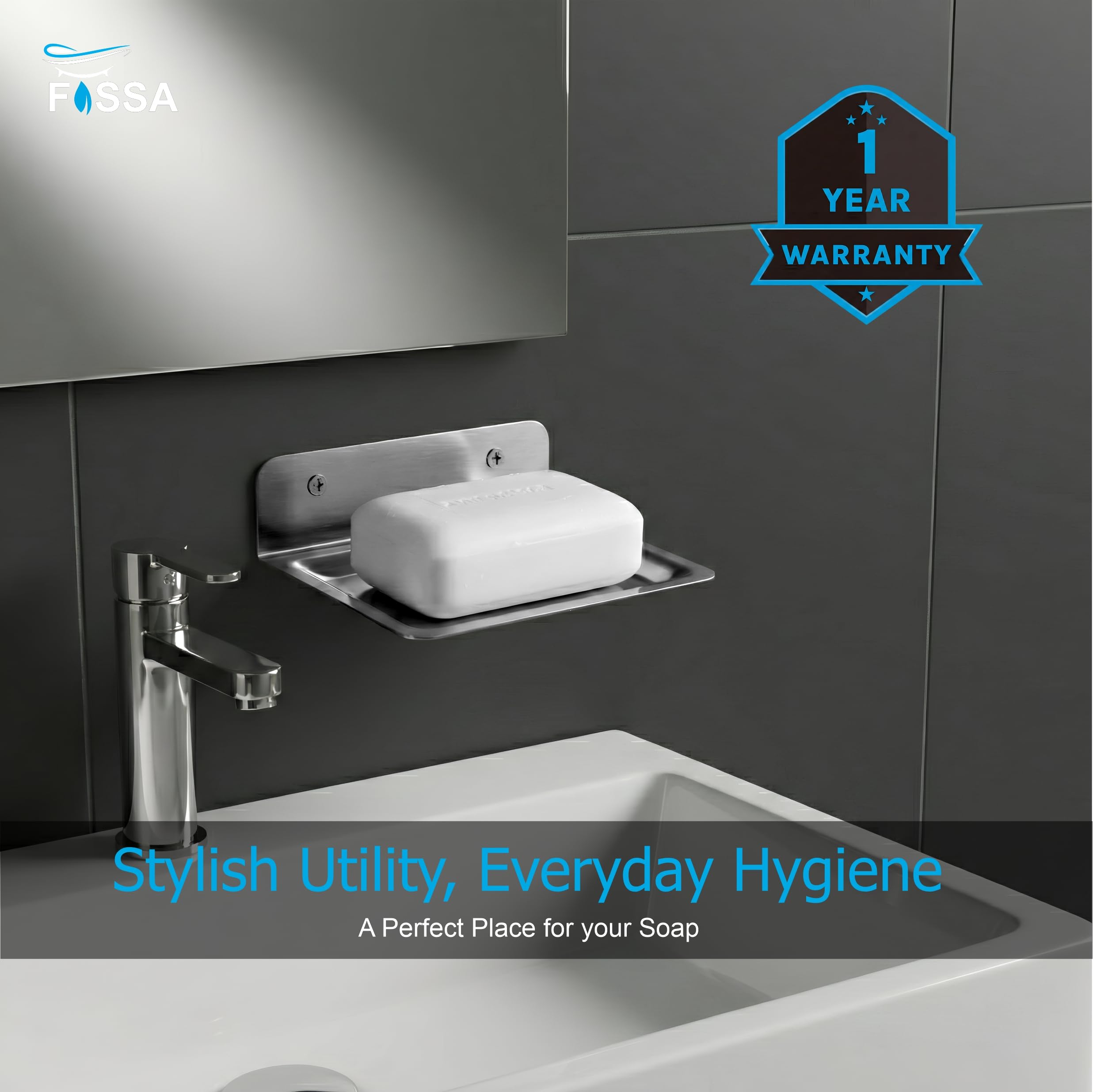 Modern bathroom sink with soap holder and Fossa branding, featuring a one-year warranty badge.