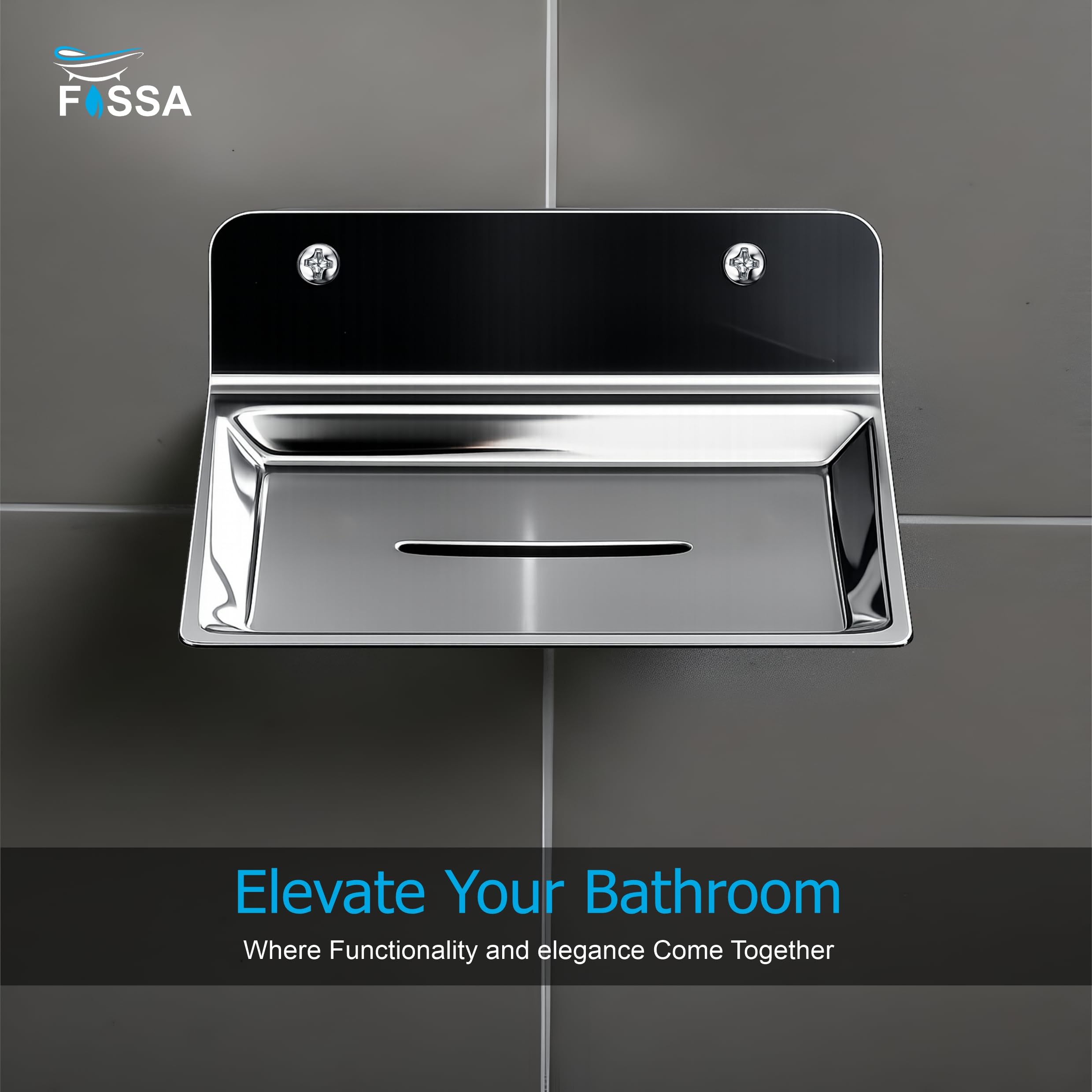 Chrome wall-mounted toilet paper holder on a tiled bathroom wall with Fossa branding.