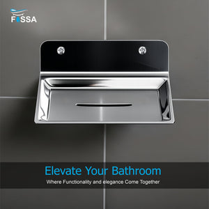 Chrome wall-mounted toilet paper holder on a tiled bathroom wall with Fossa branding.