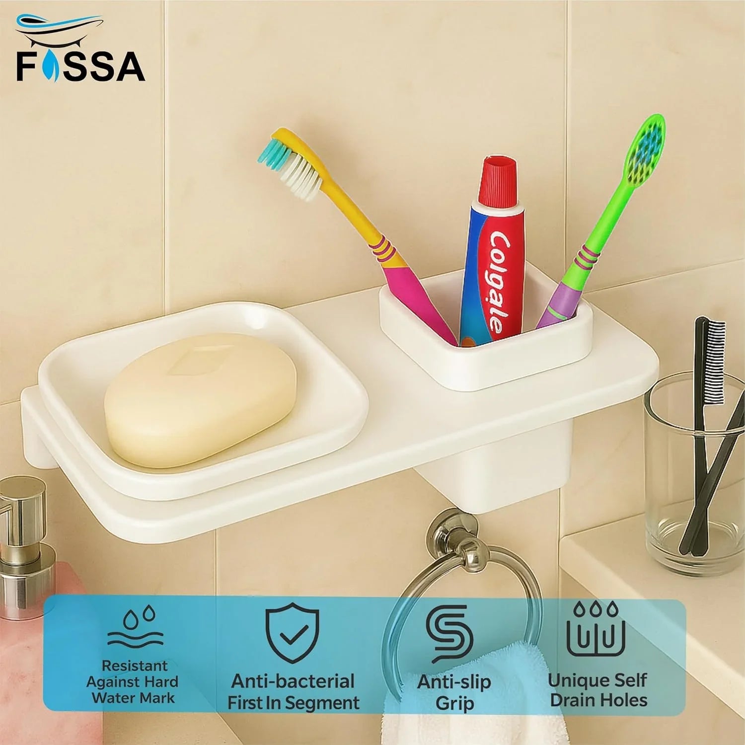 Fossa Classic Ceramic Wall Mounted Square Soap Dish with Toothbrush Holder – Unbreakable Design, Hygienic Surface, Rust & Fade Proof, Self-Drain Tray | Stylish Bathroom Organizer | White (Glossy Finish) - Fossa Home 