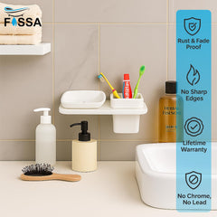 Fossa Classic Ceramic Wall Mounted Square Soap Dish with Toothbrush Holder – Unbreakable Design, Hygienic Surface, Rust & Fade Proof, Self-Drain Tray | Stylish Bathroom Organizer | White (Glossy Finish) - Fossa Home 