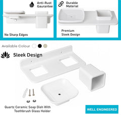 Fossa Classic Ceramic Wall Mounted Square Soap Dish with Toothbrush Holder – Unbreakable Design, Hygienic Surface, Rust & Fade Proof, Self-Drain Tray | Stylish Bathroom Organizer | White (Glossy Finish) - Fossa Home 