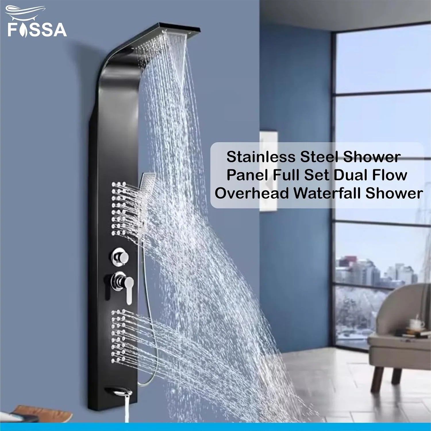 Stainless Steel Shower Panel Full Set, Dual Flow Overhead Waterfall Shower, Hand Shower, Wall Mount Shower Panel For Bathrooms - Fossa Home