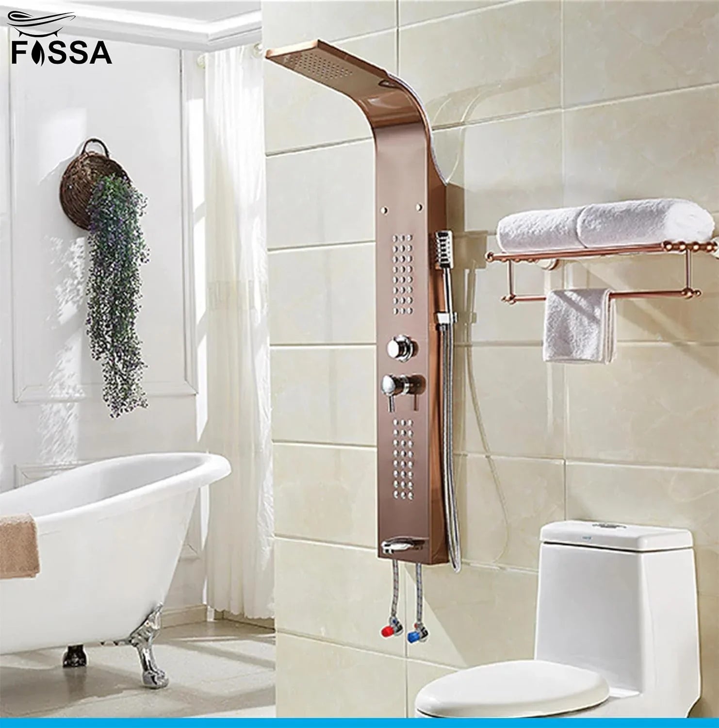 Stainless Steel Shower Panel Full Set, Dual Flow Overhead Waterfall Shower, Hand Shower, Wall Mount Shower Panel For Bathrooms (Rose Gold) - Fossa Home