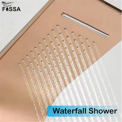 Stainless Steel Shower Panel Full Set, Dual Flow Overhead Waterfall Shower, Hand Shower, Wall Mount Shower Panel For Bathrooms (Rose Gold) - Fossa Home