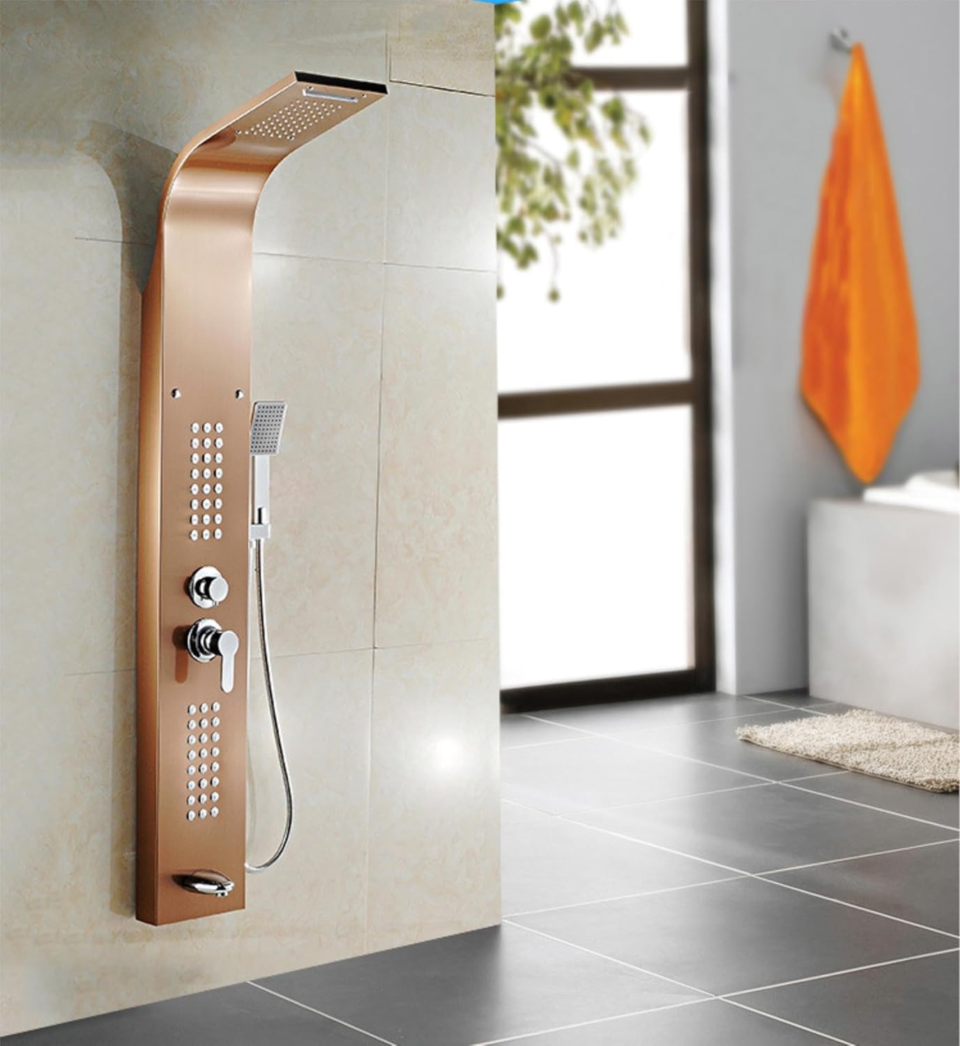 Stainless Steel Shower Panel Full Set, Dual Flow Overhead Waterfall Shower, Hand Shower, Wall Mount Shower Panel For Bathrooms (Rose Gold) - Fossa Home