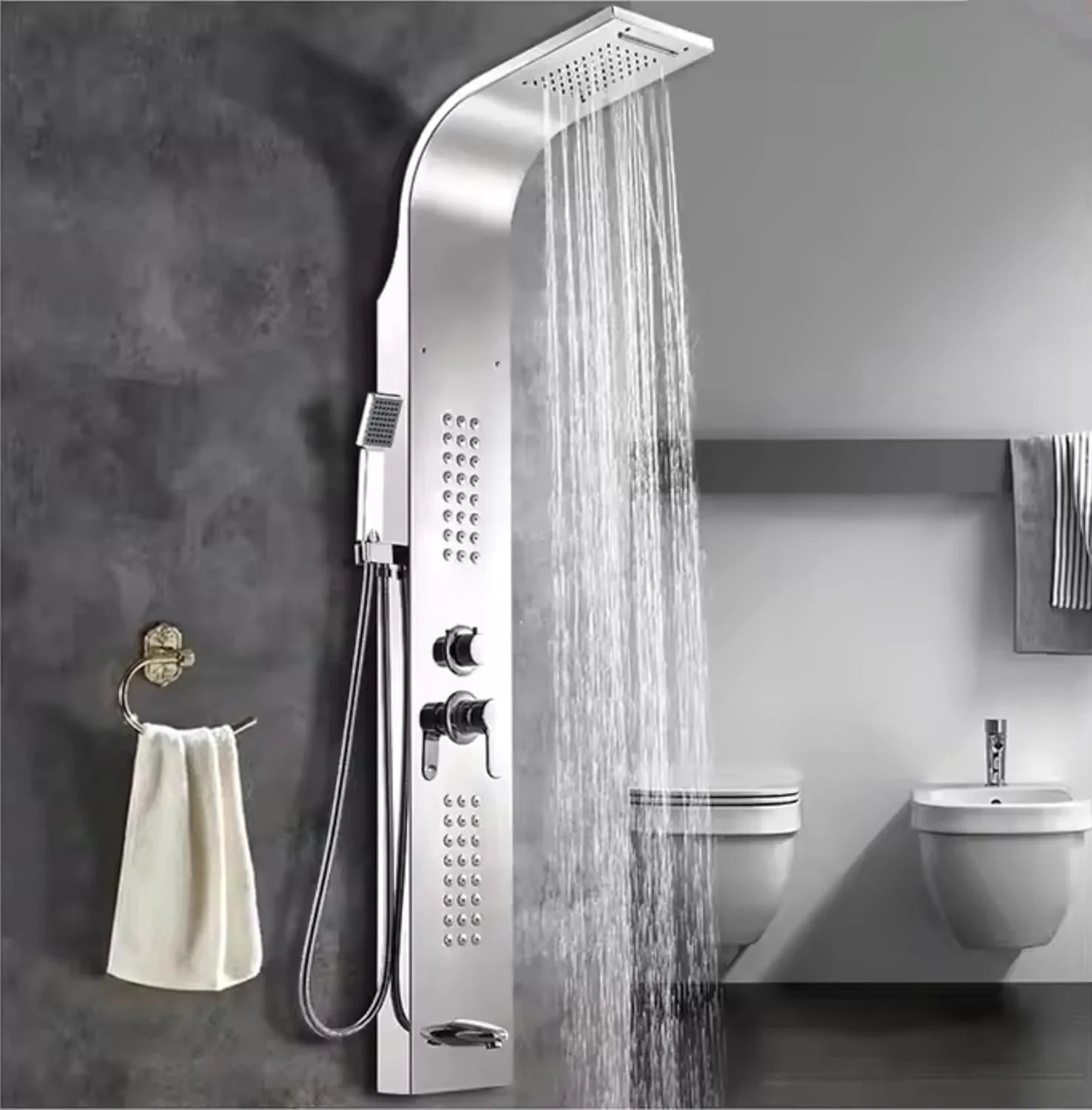Stainless Steel Shower Panel Full Set, Dual Flow Overhead Waterfall Shower, Hand Shower, Wall Mount Shower Panel For Bathrooms (Silver) - Fossa Home