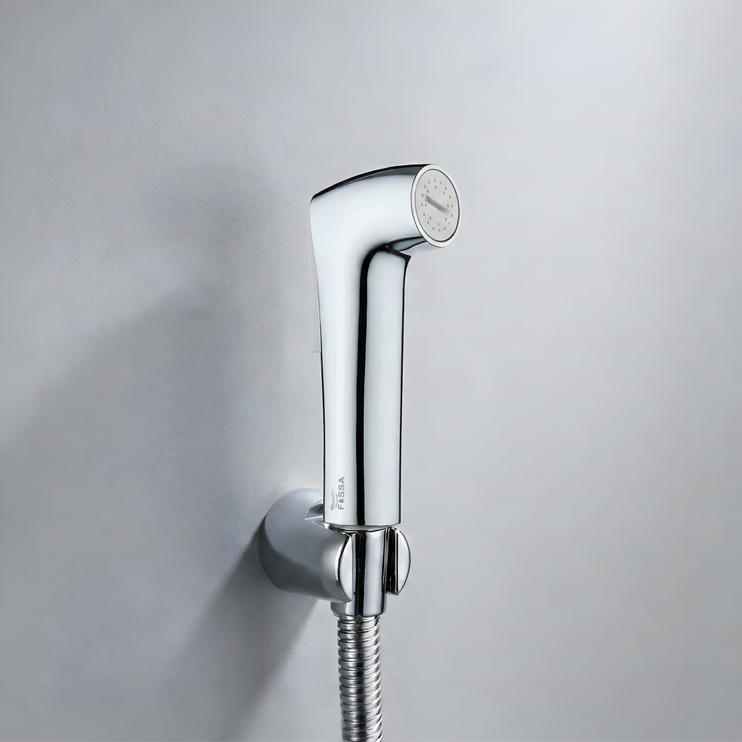 Chrome shower head with hose on a gray background