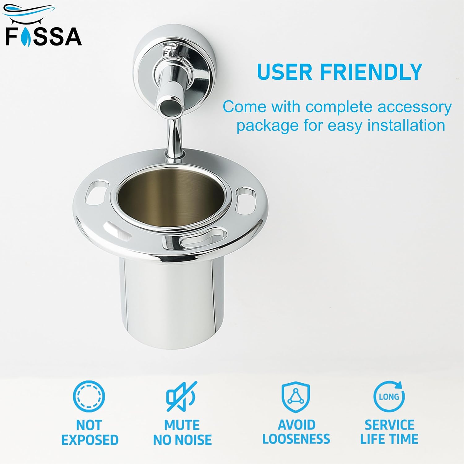 Fossa Brush Holder – Stainless Steel Wall Mounted Tumbler & Toothbrush Holder for Bathroom | Rustproof Organizer & Bathroom Accessories Set | Silver Chrome Finish