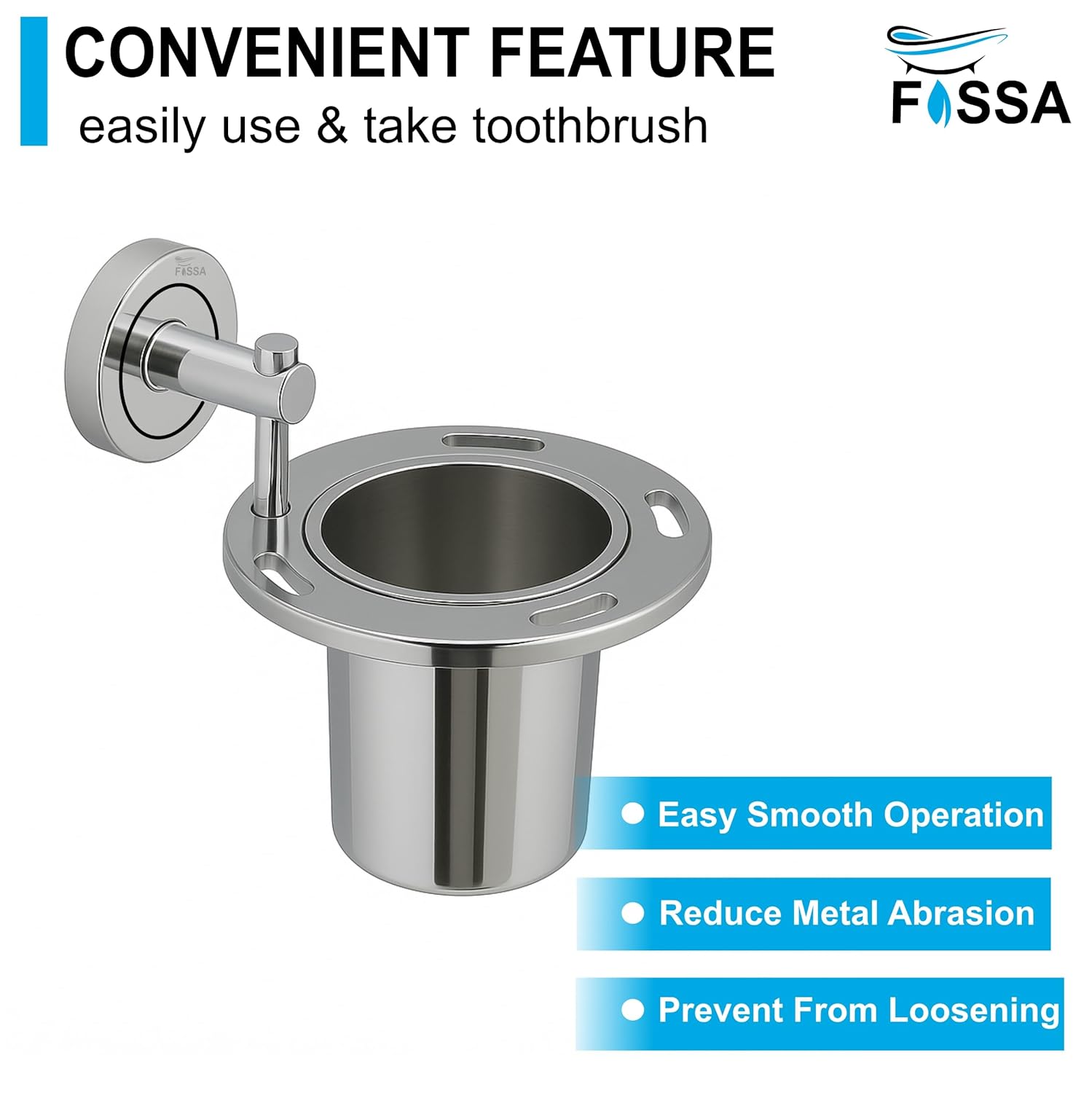 Fossa Brush Holder – Stainless Steel Wall Mounted Tumbler & Toothbrush Holder for Bathroom | Rustproof Organizer & Bathroom Accessories Set | Silver Chrome Finish