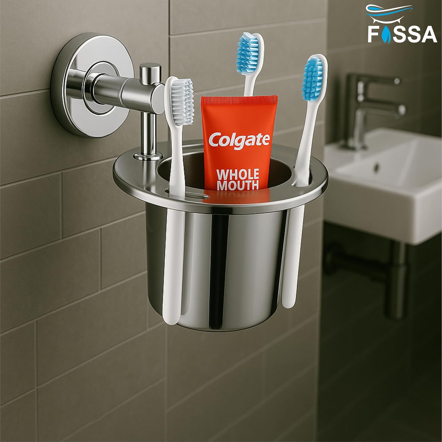 Fossa Brush Holder – Stainless Steel Wall Mounted Tumbler & Toothbrush Holder for Bathroom | Rustproof Organizer & Bathroom Accessories Set | Silver Chrome Finish
