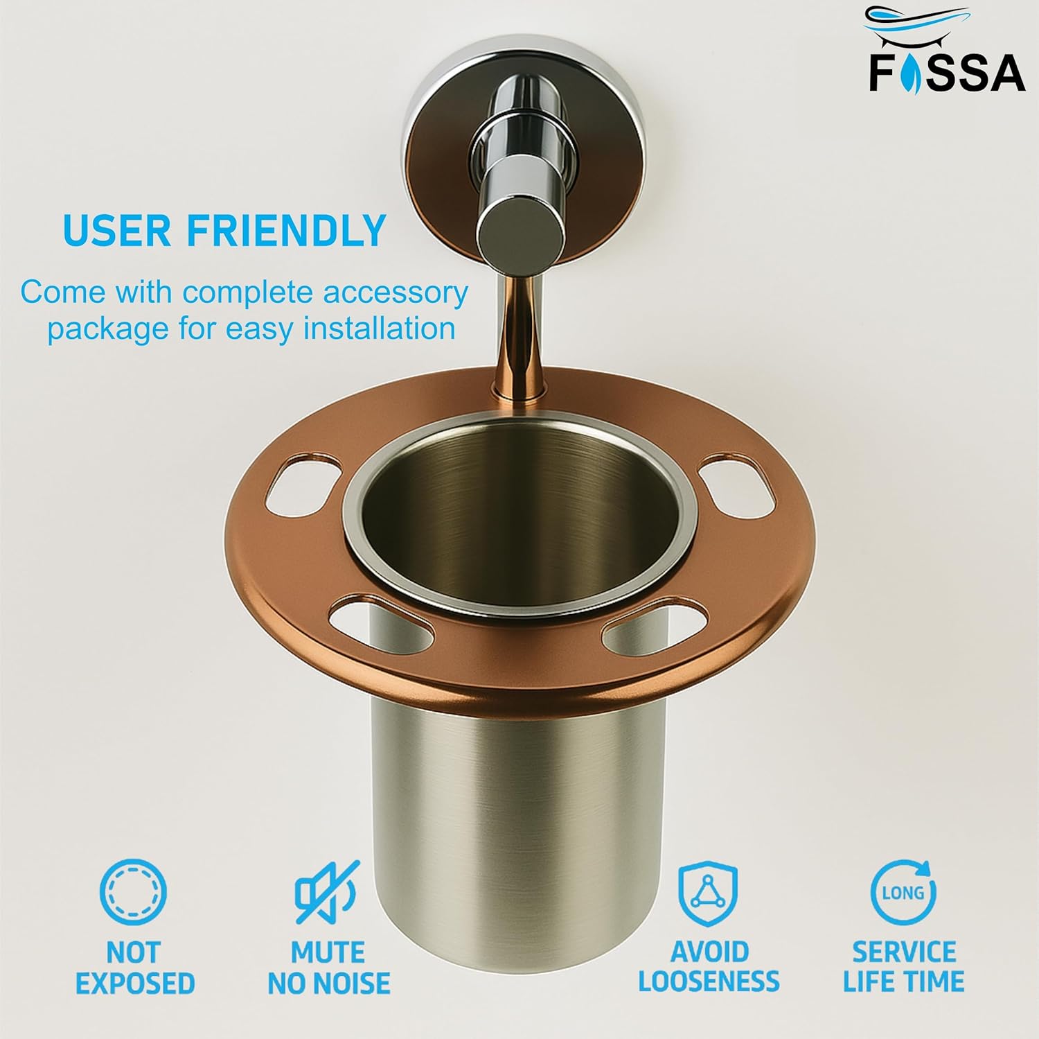 Fossa Brush Holder – Stainless Steel Wall Mounted Tumbler & Toothbrush Holder for Bathroom | Rustproof Organizer & Bathroom Accessories Set | Rose Gold + Silver Finish
