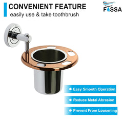 Fossa Brush Holder – Stainless Steel Wall Mounted Tumbler & Toothbrush Holder for Bathroom | Rustproof Organizer & Bathroom Accessories Set | Rose Gold + Silver Finish