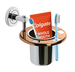 Fossa Brush Holder – Stainless Steel Wall Mounted Tumbler & Toothbrush Holder for Bathroom | Rustproof Organizer & Bathroom Accessories Set | Rose Gold + Silver Finish