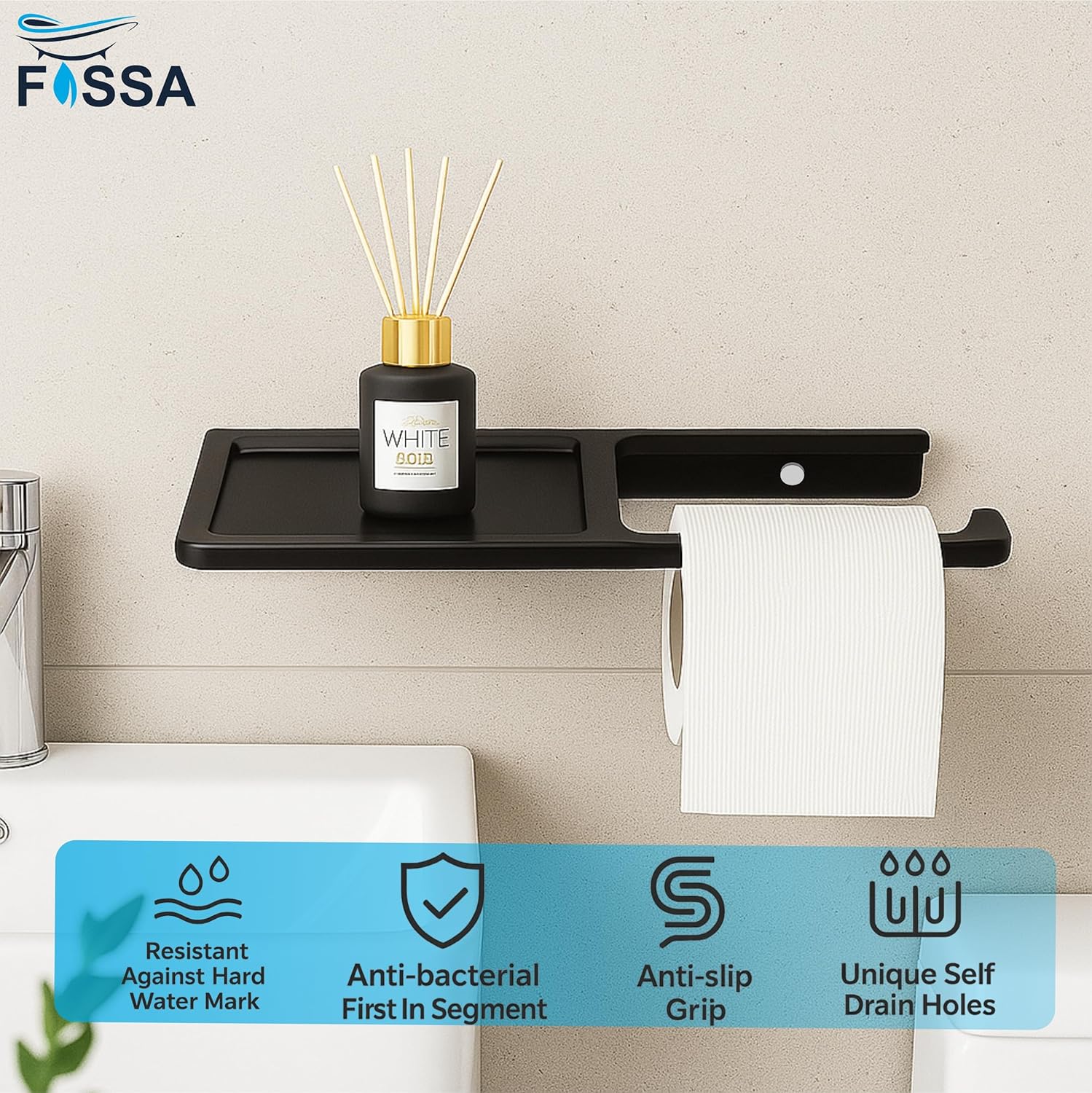 Fossa Toilet Paper Holder with Mobile Stand – Wall Mounted, No Sharp Edges, Rust & Fade Resistant | Sleek Toilet Holder for Small Bathrooms & Modern Décor | White (Quartz Ceramic) - Fossa Home 