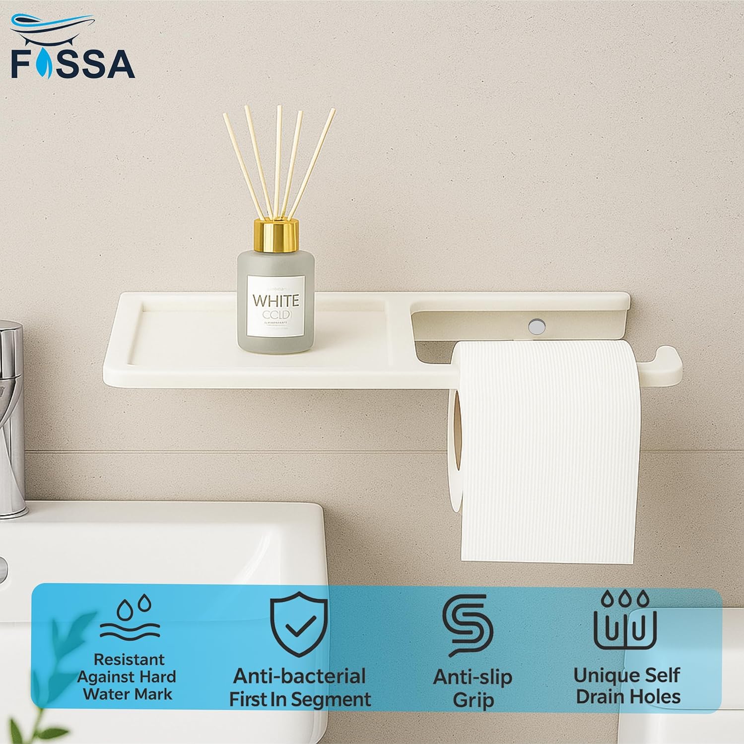 Fossa Classic Ceramic Toilet Paper Holder with Mobile Stand| No Sharp Edge, Safe for Children, Hard Water Resistant, Rust & Fade Proof, Anti-Bacterial Toilet Holder Glossy Finish (White) - Fossa Home 