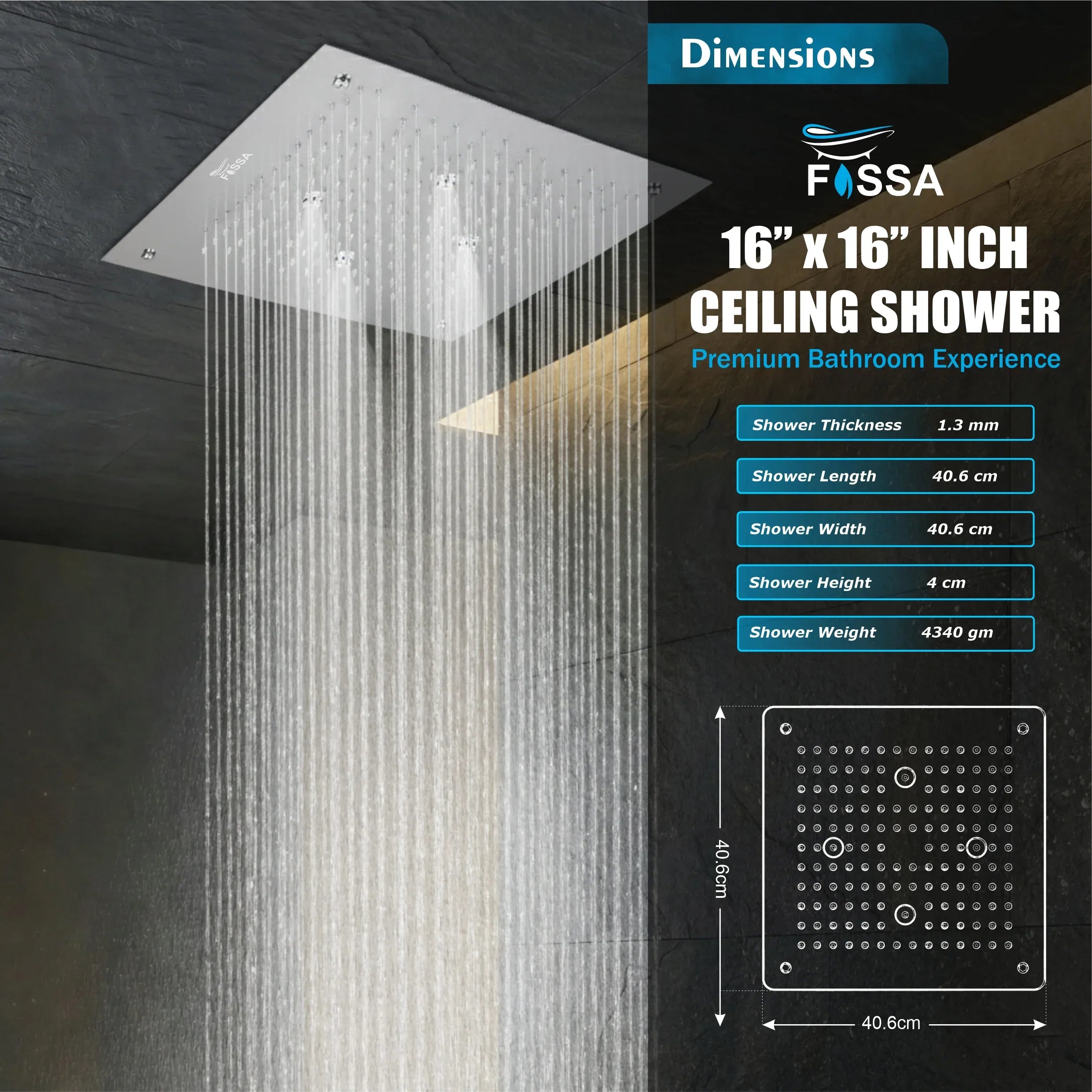 304 Stainless Steel Ceiling Overhead Shower (16x16 Inch) - Fossa Home 