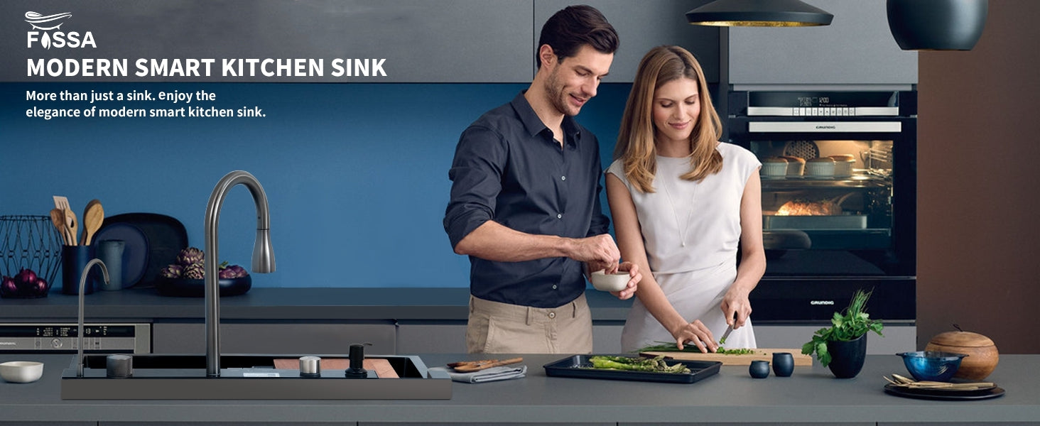 Man and woman preparing food in a modern kitchen with Fassa smart kitchen sink.