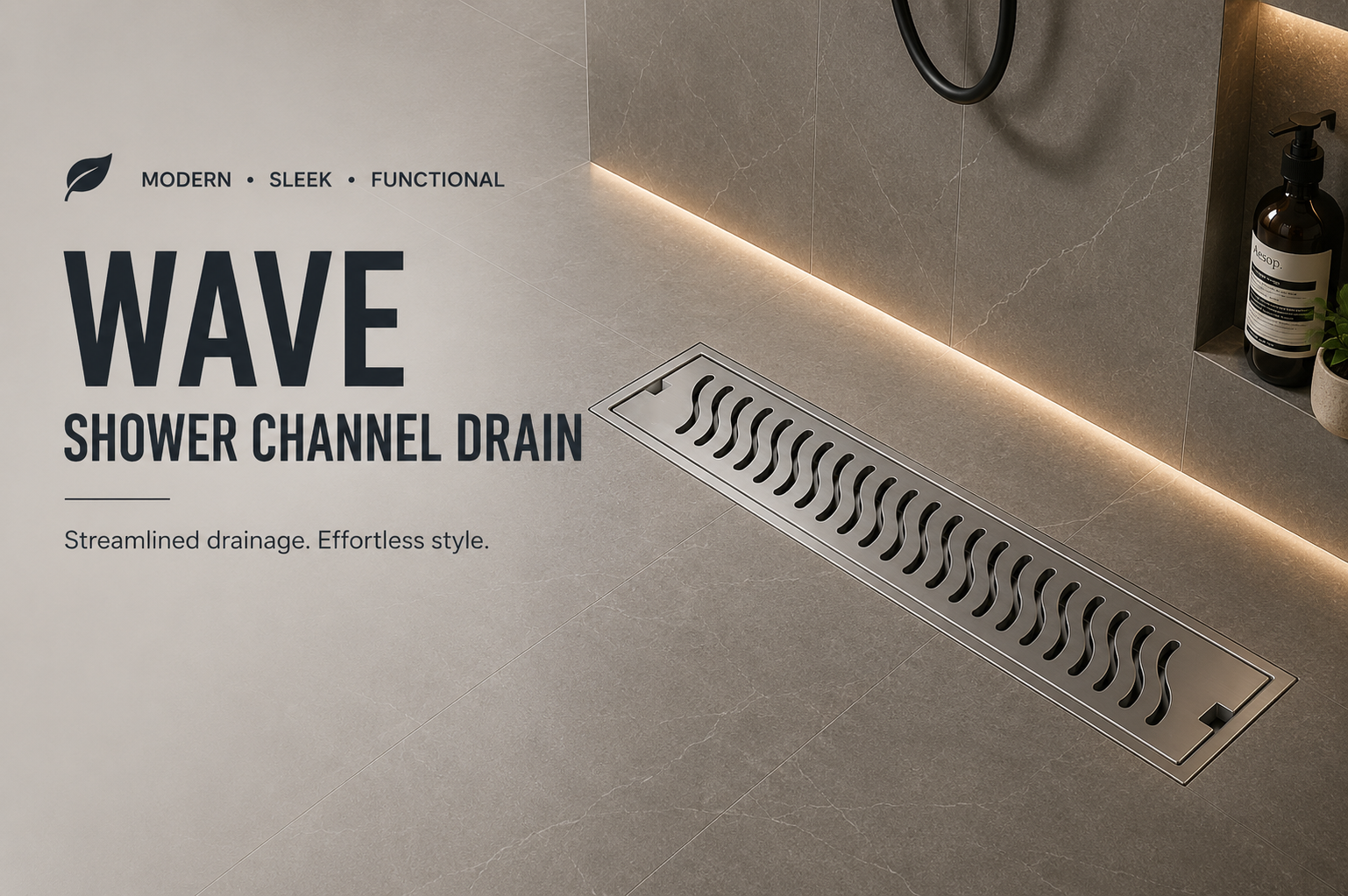 Wave shower channel drain on a bathroom floor with text highlighting features.