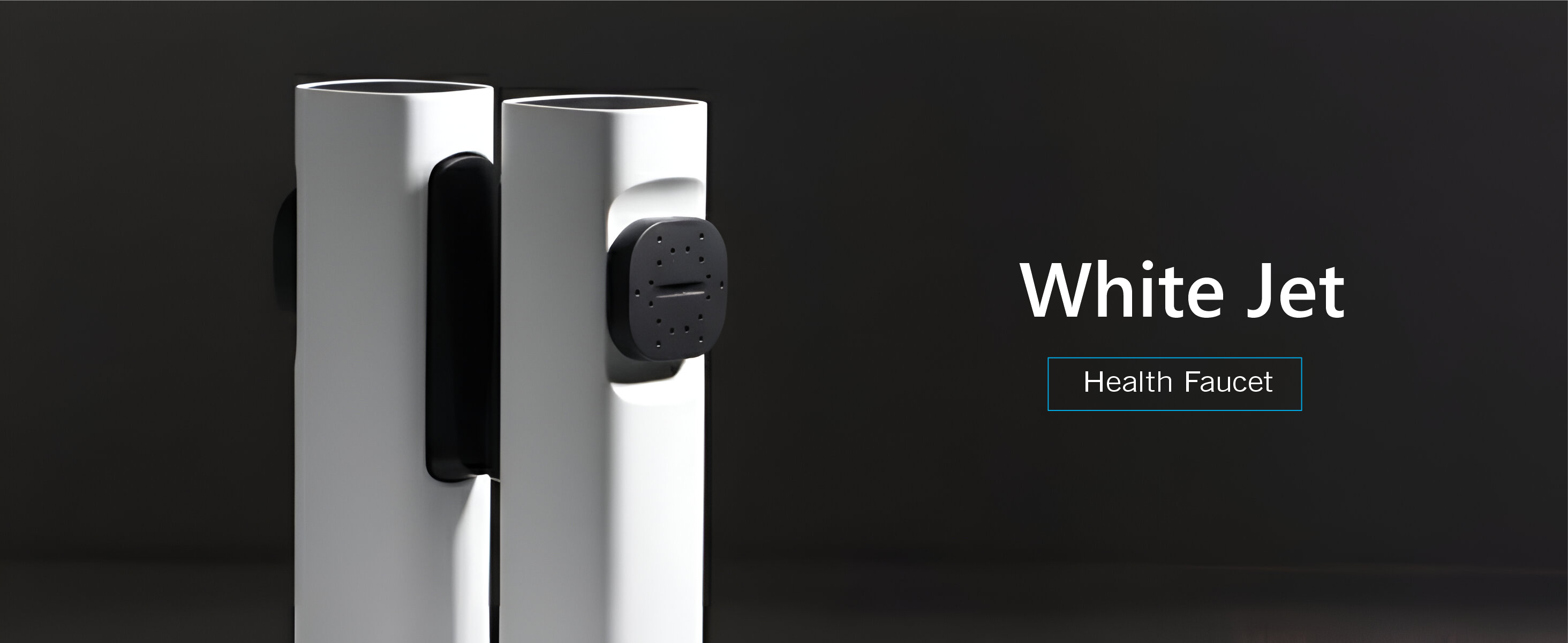 Chrome faucet with 'White Jet' branding on a dark background